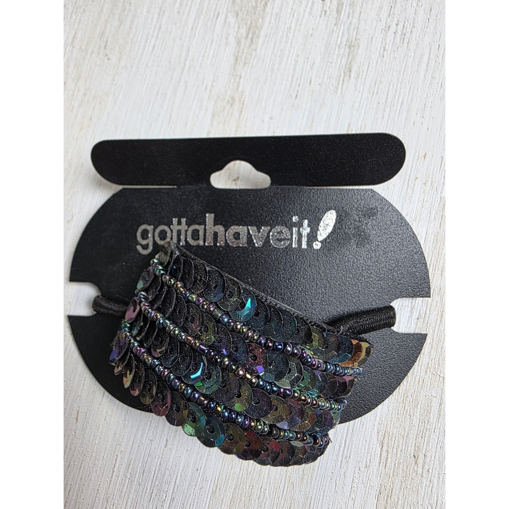 Gottahaveit Iridescent Black Sequin Beaded Hair Tie Wrap Y2K Festival Grunge